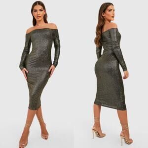 NEW Boohoo Metallic Glitter Bodycon Midi Dress Size 4